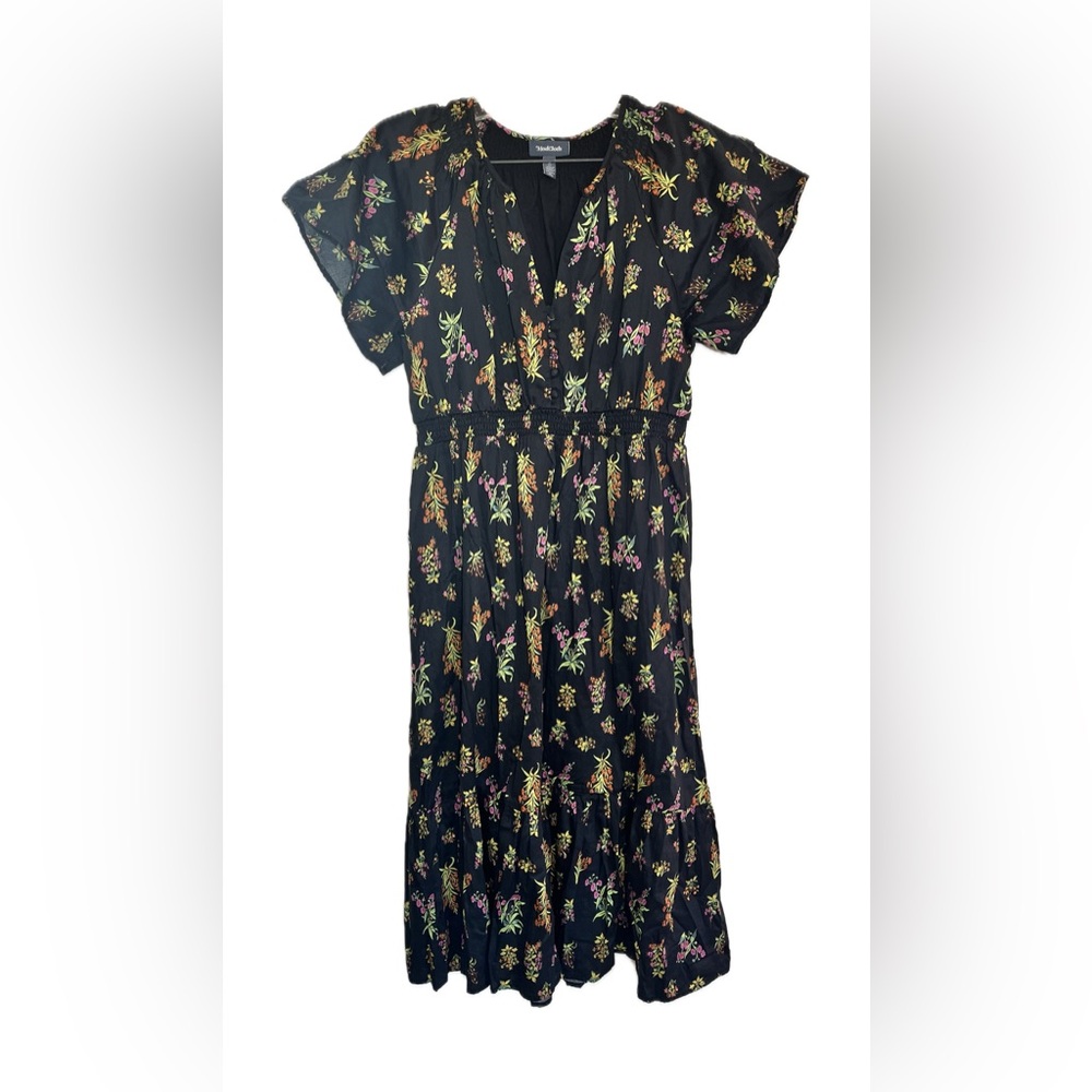 Modcloth Black Floral v neck Midi Dress